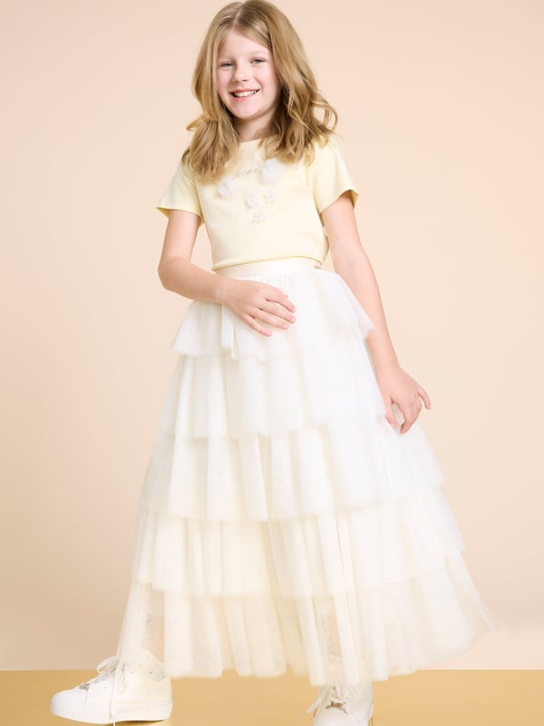 BCBG Girls Glitter Tulle Skirt in Ivory Introducing the exquisite Girls Glitter Tulle Skirt in Ivory, crafted by BCBG for SS2025 a quintessential piece for any young ladys wardrobe. Heres why this skirt is a must-have Enchanting Ivory Shade A soft, elegant colour that complements any top. Glittering Accents Adds a touch of sparkle, perfect for special occasions. Luxurious Tulle Fabric Delivers a fairy-tale silhouette while ensuring comfort. Timeless Design Ideal for both formal events and playful outings.Elevate her style with this charming skirt from BCBG. Don't miss outenhance her wardrobe today!
