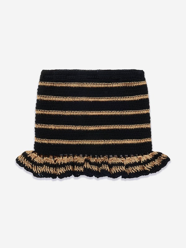 Nessi Byrd incorporate captivating materials into their everyday luxury swimwear. This girls Yulia black and gold crop skirt is reflective of the New York label's meticulous attention and preference for vibrant aesthetics. Crafted in a beautiful crochet design via an elasticated waistband and tassel detail. Crochet Material 100 Cotton