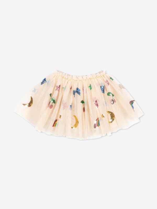 Konges Sløjd incorporate beautiful, eco-friendly technology into their charming aesthetics. This girls Yvonne rainbow twinkle tutu is woven in voluminous tulle layers and a soft elastic waist. It has whimsical sequin motifs, showcasing crescent moons, bows, rainbows, and cherries. 100 Polyester 100 Cotton Lining