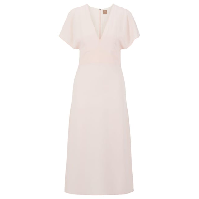 Materiaal buitenkant: 72% acetaat, 28% viscose. Voeringsmateriaal: 100% Viscose. Ontwerp: Eenvoudig. Sluiting: Ritssluiting achteraan. Aansluitende taille. Halslijn: Diep V. Type mouw: Fladder, Korte mouwen, Splitdetail. Lengte: Midi. 6 VK: 32 in. 8 VK: 33 in. 10 VK: 35 in. 12 VK: 37 in.