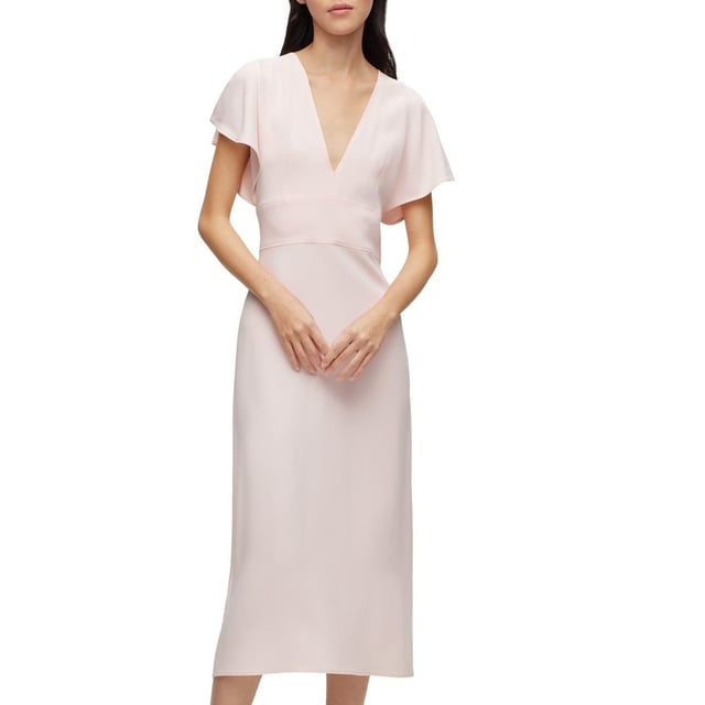 Materiaal buitenkant: 72% acetaat, 28% viscose. Voeringsmateriaal: 100% Viscose. Ontwerp: Eenvoudig. Sluiting: Ritssluiting achteraan. Aansluitende taille. Halslijn: Diep V. Type mouw: Fladder, Korte mouwen, Splitdetail. Lengte: Midi. 6 VK: 32 in. 8 VK: 33 in. 10 VK: 35 in. 12 VK: 37 in.