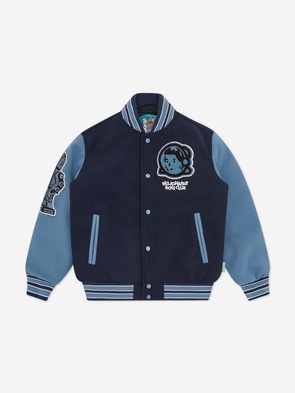 American label Billionaire Boys Club combine high fashion and casual wear into beautifully innovative portraits with a newfound focus on street style. This boys Astro varsity jacket embodies the raw energy and attitude of the brand. Made in refined high quality with a chenille Astro helmet and embroidered Billionaire Boys Club logo at the chest. It features blue, navy and white ribbed stripescontrast side pockets and a gas blue press-stud fastening down the centre front. The enigmatic piece is signified by an embroidered robot at the right sleeve and a chenille Astro helmet logo patch at the back. 100 Polyester