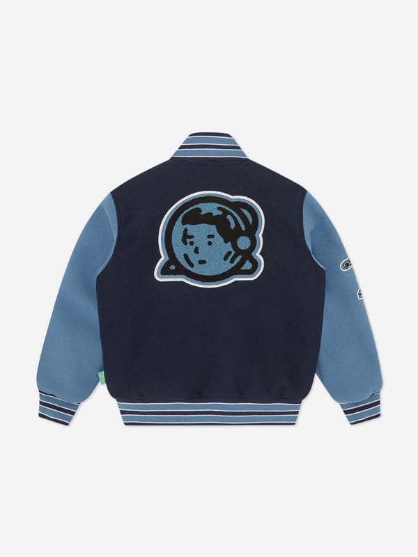 American label Billionaire Boys Club combine high fashion and casual wear into beautifully innovative portraits with a newfound focus on street style. This boys Astro varsity jacket embodies the raw energy and attitude of the brand. Made in refined high quality with a chenille Astro helmet and embroidered Billionaire Boys Club logo at the chest. It features blue, navy and white ribbed stripescontrast side pockets and a gas blue press-stud fastening down the centre front. The enigmatic piece is signified by an embroidered robot at the right sleeve and a chenille Astro helmet logo patch at the back. 100 Polyester