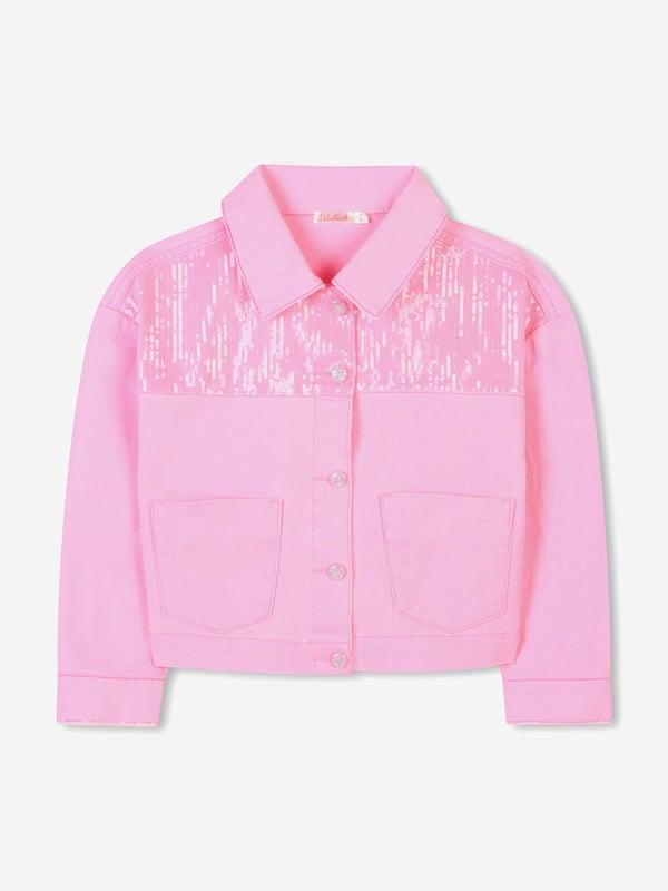 Billieblush incorporate high quality detailing and an advanced outlook on contemporary designs. This girls pink sports jacket is envisioned in beautiful craftsmanship. Inspired by 70s archives, it is engineered in a beautiful cotton denim design, showcasing patch pockets on the front and frayed cuffs. The sophisticated piece is embellished with sequins on the front and a rubberised logo on the back. Long Sleeves Pointed Collar Front Fastening With Snap Buttons 100 Cotton