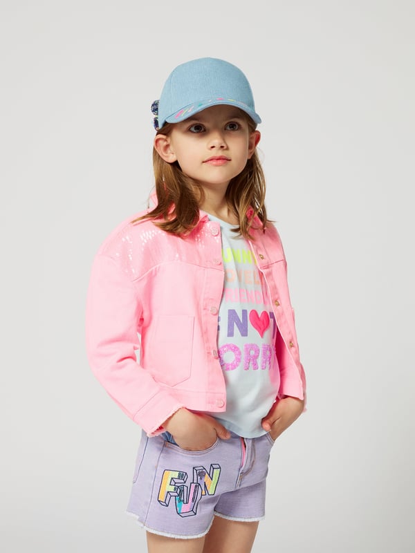 Billieblush incorporate high quality detailing and an advanced outlook on contemporary designs. This girls pink sports jacket is envisioned in beautiful craftsmanship. Inspired by 70s archives, it is engineered in a beautiful cotton denim design, showcasing patch pockets on the front and frayed cuffs. The sophisticated piece is embellished with sequins on the front and a rubberised logo on the back. Long Sleeves Pointed Collar Front Fastening With Snap Buttons 100 Cotton