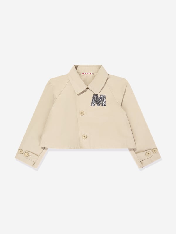 Marni embody innovation and high quality detailing in their sleek, everyday pieces. This girls short jacket is woven in a gabardine car style. Inspired by utilitarian archives. It showcases a Rhinestones" logo patch on the front via the heart side. There is also a front button closure for easy dressing. Long Sleeves 100 Cotton