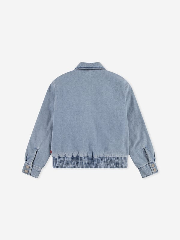 Levi's reinterpret vintage nostalgia into striking modern designs. This girls desert sky short jacket is the embodiment of effortless style. Woven from a beautiful soft quilted design. Long Sleeves Collar Front Pockets Levi's Writing On Chest Wide Elastic Hem Hidden Zipper Zipper and Press Buttons 97 Cotton, 2 Viscose, 1 Elastane
