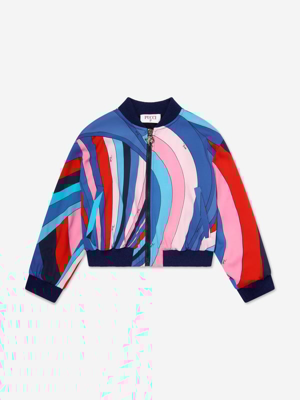 Emilio Pucci embody innovation and timeless luxury in their designs. This girls multicolour short jacket is a captivating everyday piece to be adored. Made in Italy Varsity Style Collar Trims Pockets Archival 'Maddena' Motif From the 60s Multicoloured Print Ribbed Trims Silver Embellished Zip 96 Viscose, 4 Elastane Lining 100 Cotton