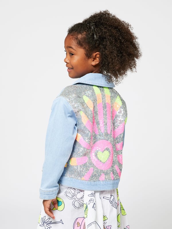 Billieblush apply a mischievous and quirky sensibility to their aesthetic portraits. This girls double stone and bleach short jacket encapsulates the label's fun and wild side. Engineered in a refined light blue denim via a stretchy quality. The back is decorated with a large motif of the sun depicted in multicoloured sequins. Wide Edges Classic Collar Closes With Push Buttons Pockets On Sides Main Material 99 Cotton 1 Elastane Pocket Lining 65 Cotton 35 Polyester Decoration 100 Polyester