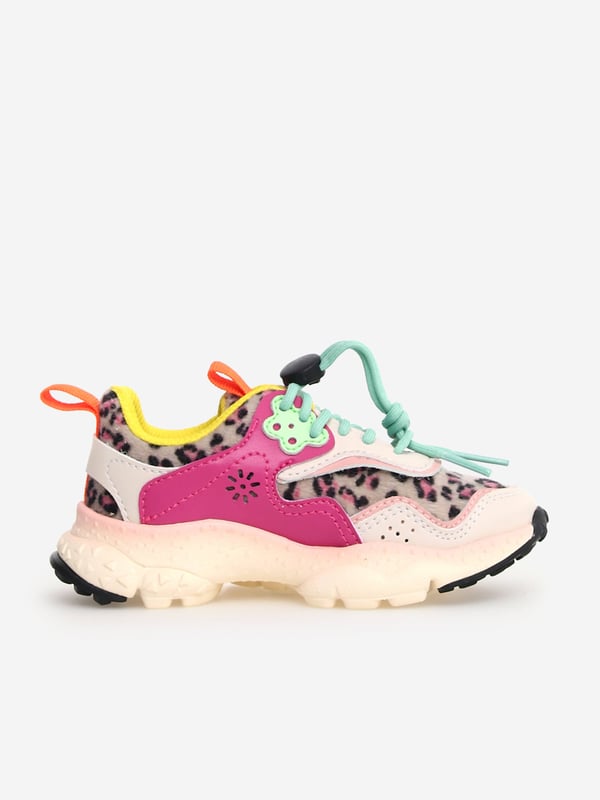 Flower Mountain combine vibrant imagery with beautiful, eco-friendly properties. These Doi Junior multicoloured trainers are engineered in a vegan design. They feature man-made uppers with faux fur leopard print detailing and bright pink overlays. Bold yellow and turquoise detailing completes this enigmatic look. She will be obsessed. UPPER Man-Made UPPER Faux-Fur LINING Fabric OUTSOLE Rubber