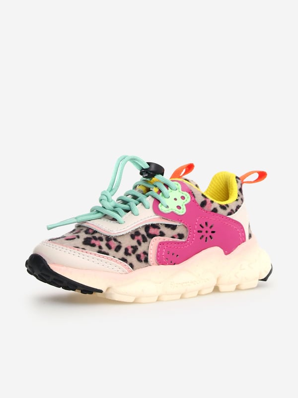 Flower Mountain combine vibrant imagery with beautiful, eco-friendly properties. These Doi Junior multicoloured trainers are engineered in a vegan design. They feature man-made uppers with faux fur leopard print detailing and bright pink overlays. Bold yellow and turquoise detailing completes this enigmatic look. She will be obsessed. UPPER Man-Made UPPER Faux-Fur LINING Fabric OUTSOLE Rubber