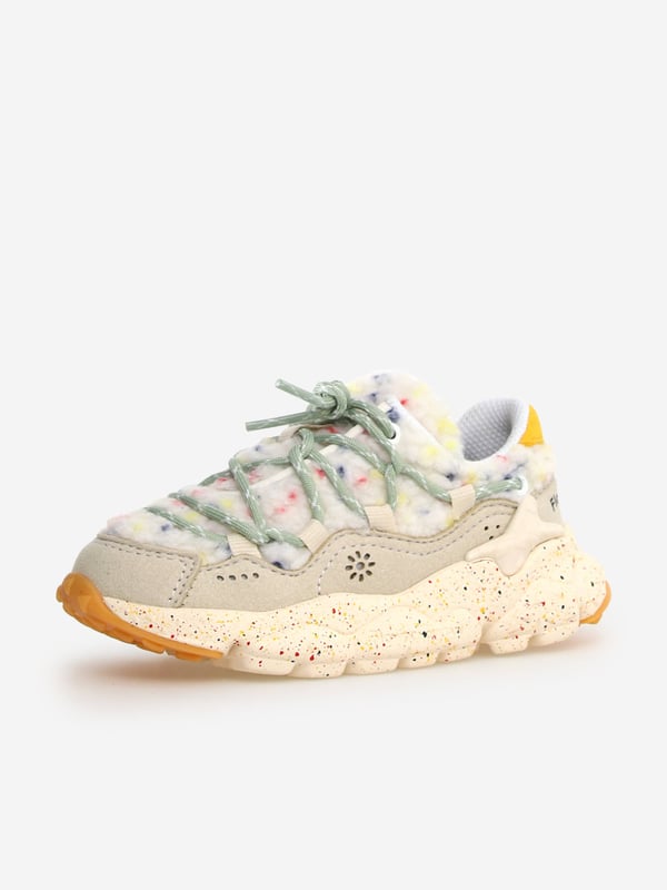 Flower Mountain combine vibrant imagery with beautiful, eco-friendly properties. These Raikiri multicoloured trainers are engineered in an ivory vegan design via a beige and white colourway. NOTE Fit is Half a Size Up Refer to EU Size. Rainbow Coloured Details UPPER Man-Made UPPER Faux-Fur LINING Fabric OUTSOLE Rubber