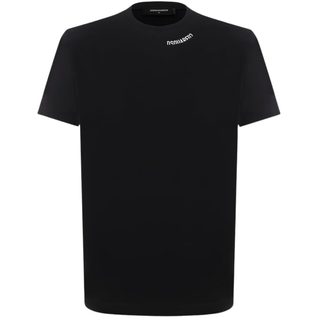 Dsquared2 Cool Fit Logo Around Collar Black T-shirt Elevate your casual wardrobe with the Dsquared2 Cool Fit Logo Around Collar Black T-Shirt. Crafted from 100% premium cotton, this men's t-shirt offers exceptional comfort and breathability for all-day wear. Its sleek black design is enhanced by the distinctive Dsquared2 logo elegantly encircling the collar, adding a subtle yet stylish statement. Perfect for pairing with jeans or layering under jackets, this t-shirt combines quality and contemporary fashion effortlessly. Experience the blend of comfort and iconic style that makes this piece a must-have for any modern wardrobe