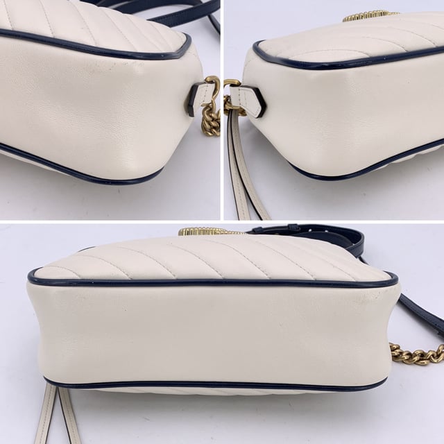 VINTAGE, RRP AS NEW
This beautiful Bag will come with a Certificate of ity provided by Entrupy. The certificate will be provided at no further cost.  Step into timeless elegance with this beautiful Gucci GG Marmont Small Zip Around Shoulder Bag, a true gem for lovers of vintage luxury. Crafted in soft white matelassé quilted leather, the bag is gracefully framed with navy blue leather trim-a nod to nautical chic that never goes out of style.  At the heart of its design, the iconic gold metal Torchon GG logo gleams proudly on the front, echoing Gucci's rich heritage. The bag zips open at the top to reveal a refined microfibre interior, complete with a convenient side pocket for your essentials.  The shoulder strap-an artful blend of adjustable navy leather and antique gold chain-lets you wear it crossbody or snug on the shoulder, adding versatility to its elegance. Inside, a discreet 'Gucci - Made in Italy' tag whispers top crftmanship, backed by a serial number hidden on its reverse.  A striking yet subtle piece, this GG Marmont model captures the spirit of classic Italian craftsmanship with a modern, collector-worthy twist.  Condition Rating: A - EXCELLENTCondition Details: Gently used. Minimal wear of use on leather trim. Minimal wear of use on the internal lining. Please check the photos carefully and ask if you need to know more details or if you have any doubts.Measurements (cm):Depth: 6.4Height: 12.7Length: 24.1Other Details: Dustbag? NoKeys? NoBox? No Measurments:  width: 64 mm length: 241 mm height: 127 mm strap length: 0 mm handle drop: 0 mm