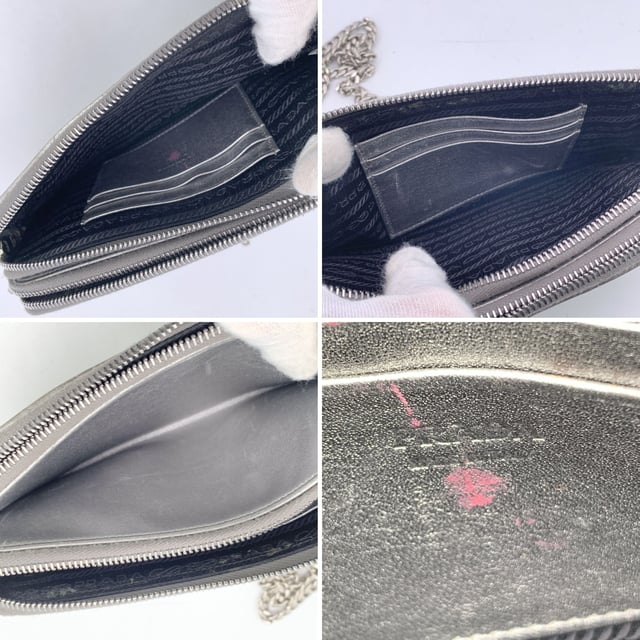 Empfohlener Verkaufspreis
Diese wunderschöne Tasche wird mit einem Qualitätszertifikat von Entrupy geliefert. Das Zertifikat wird kostenlos zur Verfügung gestellt. Die Prada Black Diagramme Leather Double Zip Shoulder Bag ist der Inbegriff raffinierter Eleganz und moderner Raffinesse. Diese Tasche aus glattem, silbernem Metallleder mit Steppung erstrahlt in zeitlosem Luxus. Das ikonische emaillierte Prada-Dreieckslogo auf der Vorderseite verleiht einen kräftigen, charakteristischen Touch, während die silberfarbenen Beschläge das elegante, futuristische Design der Tasche ergänzen. Die Tasche verfügt über zwei Reißverschlussfächer, die jeweils mit einer Kombination aus Textil und Leder gefüttert sind und reichlich Platz für Ihre wichtigsten Dinge bieten. Im Inneren befinden sich in jedem Fach drei Kartenfächer, sodass Sie stilvoll Ordnung halten können. Das zentrale Einsteckfach bietet zusätzlichen Stauraum für Dinge, die Sie getrennt aufbewahren möchten. Mit einem abnehmbaren Kettenschulterriemen kann dieses vielseitige Stück über der Schulter oder als schicke Clutch getragen werden. Mit der Innengravur „Prada – Made in Italy“ ist diese Tasche ein Beweis für die Handwerkskunst und zeitlose Anziehungskraft der Marke. Perfekt für jeden Anlass, ist die Prada Diagramme Woc Geldbörse an der Kette ebenso praktisch wie schön – ein sofortiger Klassiker. Zustandsbewertung: B – SEHR GUTER ZUSTAND Zustandsdetails: Einige Gebrauchsspuren am Leder (insbesondere an den Rändern der Tasche). Ein rosa Fleck auf dem Leder innen. Bitte sehen Sie sich die Fotos sorgfältig an und fragen Sie nach, wenn Sie weitere Details benötigen oder Fragen haben. Maße (cm): Tiefe: 2,5 Höhe: 10,2 Länge: 19,1 Weitere Details: Staubbeutel? Nein Schlüssel? Nein Box? Nein Maße: Breite: 25 mm Länge: 191 mm Höhe: 102 mm Riemenlänge: 0 mm Griffabfall: 0 mm