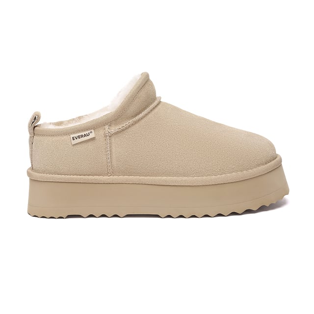 Ultra Mini Platform Boots – Stilvoll und Warmbleiben  
Bleiben Sie stilvoll und warm mit den Ultra Mini Platform Boots – einer perfekten Kombination aus Mode und Funktionalität. Hergestellt aus weichstem Schaffell und einer modernen Plateausohle, verleihen diese Boots jedem Outfit sofortige Höhe und halten Ihre Füße bequem und warm.  
Das hochwertige Rindsveloursleder-Obermaterial ist mit einer wasserabweisenden Beschichtung versehen, um Schmutz und Feuchtigkeit abzuwehren und die Pflege zu erleichtern. Im Inneren sorgt das atmungsaktive Schaffellfutter für eine natürliche Temperaturregulierung und nimmt Feuchtigkeit auf, damit Ihre Füße den ganzen Tag trocken und gemütlich bleiben.  
Mit einer robusten, aber leichten EVA-Gummisohle, die für Grip und Langlebigkeit konzipiert ist, sind diese Boots ideal für die Straßen der Stadt oder gemütliche Wochenendspaziergänge. Ihr neutraler Kastanienfarbton und die schlanke Silhouette machen sie mühelos vielseitig – kombinieren Sie sie mit Jeans, Leggings oder Loungewear für einen trendigen Winterlook.  
Hauptmerkmale:

- Wasserabweisendes Obermaterial: Hilft, Schmutz und Feuchtigkeit abzuwehren und erleichtert die Pflege.  
- Atmungsaktives Lederfutter: Weich und sanft für ganztäglichen Komfort.  
- Luxuriöses Schaffell: Bietet plushige Wärme und feuchtigkeitsableitende Eigenschaften.  
- Unterstützende Sohle: EVA-Gummisohle sorgt für Grip, Flexibilität und Langlebigkeit.  
- Rutschfeste Traktion: Stark profilierte Sohle für mehr Stabilität auf glatten Oberflächen.  
- Trendiges Plateaudesign (ca. 5 cm): Verleiht Höhe und lässt sich leicht mit lässigen oder eleganten Outfits kombinieren.  

Materialien:

- Obermaterial: Rindsvelours  
- Futter: Schaffell  
- Innensohle: Schaffell  
- Sohle: EVA-Gummi  
- Plateauhöhe: Ca. 5 cm