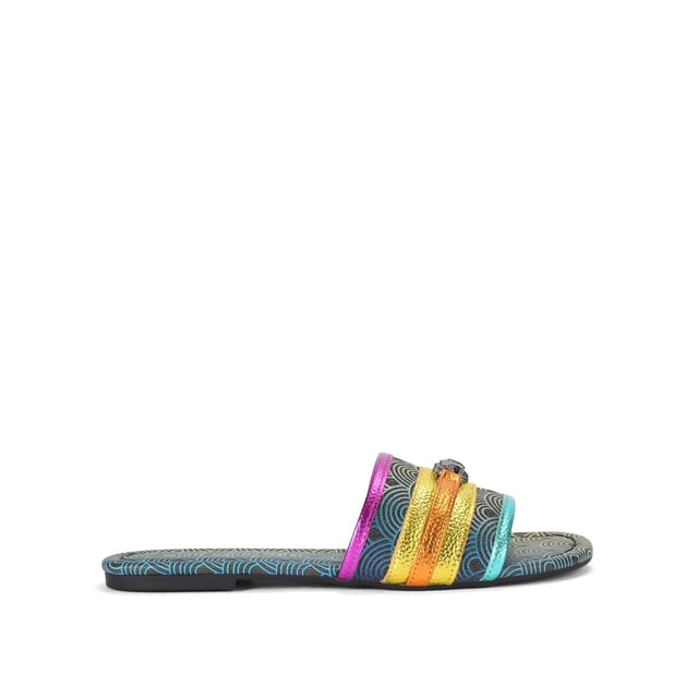 This Kurt Geiger Southbank Flat Sandal features a black canvas upper with ombre rainbow print. There is an antiqued silver eagle head on the toe strap.