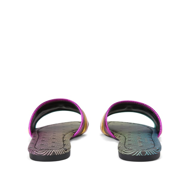This Kurt Geiger Southbank Flat Sandal features a black canvas upper with ombre rainbow print. There is an antiqued silver eagle head on the toe strap.