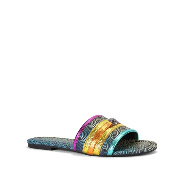 This Kurt Geiger Southbank Flat Sandal features a black canvas upper with ombre rainbow print. There is an antiqued silver eagle head on the toe strap.