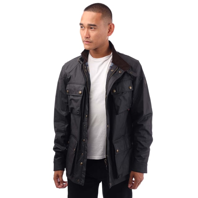 Men's Belstaff Waxed Cotton Fieldmaster Jacket in Black High collar with adjustable throat latch.Snap and one-way zip fastenings.Four front pockets and one internal pocket.Reinforced shoulder and elbow panels.Signature Belstaff check cotton twill lining.Underarm ventilation.Water-resistant materials.Offers protection from strong winds while remaining breathable.