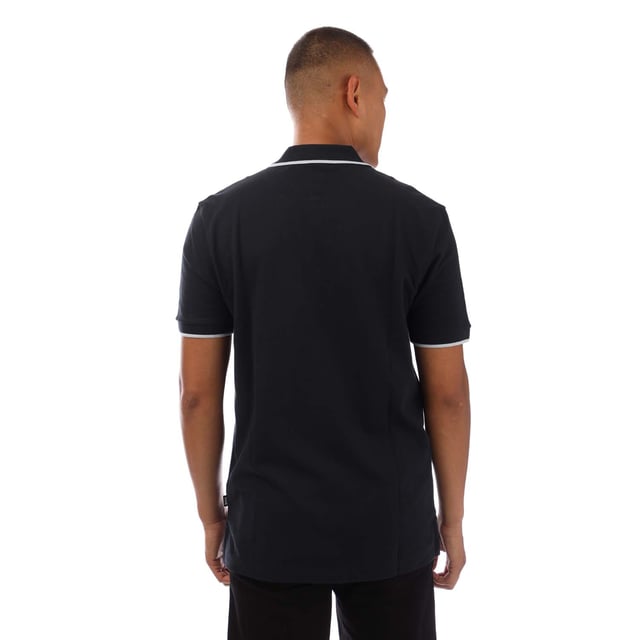 Mens Boss Parlay 190 Polo Shirt in dark blue.- Ribbed polo collar.- Short sleeves with ribbed cuffs.- Three branded button placket.- Tipping design.- Rubberised BOSS logo.- Side vents at the hem with a longer reverse.- Ref: 50494697409