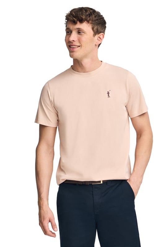 T-Shirt blush pink mit Rundhalsausschnitt und gummiertem Big Rigby Go-Logo Dieses Baumwoll-T-Shirt kombiniert Komfort mit Stil und eignet sich perfekt für jeden Anlass. Sein gerippter Rundhalskragen sorgt für einen perfekten Sitz, während die marineblauen Details und das gummierte, etwas größere Rigby Go-Logo auf der Brust ihm einen besonderen Touch verleihen.