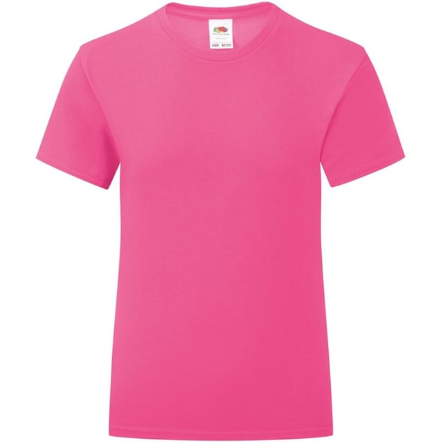 Fruit Of The Loom Girls Iconic T-Shirt (Fuchsia Pink) With a soft touch, fashion fit and 1x1 ribbed collar. Also includes a taped neck with a tear out label, tubular body and twin needle sleeves and hem. Sizes (age, height, chest to fit): 3-4 Years - 104cm (22/24), 5-6 Years - 116cm (26/28), 7-8 Years - 128cm (30), 9-11 Years - 140cm (32), 12-13 Years - 152cm (34), 14-15 Years - 164cm (36). Material: 100% ringspun combed cotton.