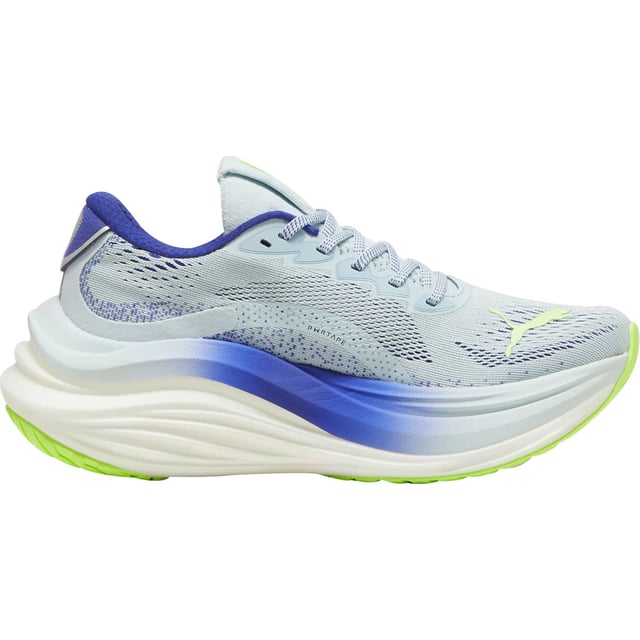 The PUMA MagMax NITRO Women’s Blue Running Shoes are designed for runners who crave maximum cushioning and bold, modern style. With a high-stack midsole, responsive NITRO foam, and a secure fit, these shoes deliver a plush, stable ride ideal for long distances or recovery runs. The vibrant blue colourway adds fresh energy to your stride, whether you’re on the road or on the move.
Key Features
NITROFOAM Midsole

Super-light and responsive cushioning made with nitrogen-injected foam for soft landings and efficient energy return.

High Stack Height Design

Offers a thick, cushioned base for ultimate comfort and support over long distances.

Engineered Mesh Upper

Lightweight and breathable with a soft feel, allowing airflow and flexibility while maintaining structure.

PUMA Grip Rubber Outsole

Durable outsole compound provides strong traction and reliable grip on roads and pavements.

Roomy Fit

Wider base and generous toe box accommodate a range of foot shapes for added comfort.

Padded Collar and Tongue

Adds extra cushioning and support around the ankle for a secure, comfortable fit.

Stylish Blue Colourway

A bold, modern finish that combines high performance with everyday wear appeal.