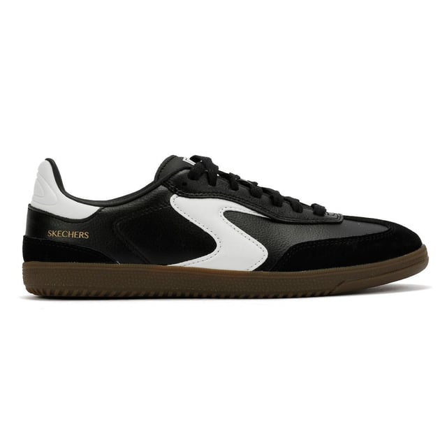 Skechers Hotshot Kickoff Damen Sneaker Aus Schwarzem Leder Heben Sie Ihren Alltagsstil mit diesen Schnür-Court-Sneakers von Skechers auf. Gefertigt mit einem strapazierfähigen Duraleather-Obermaterial und hochwertigen Schweinsleder-Overlays, verfügt dieser sportlich inspirierte Schuh über ein markantes Kontrast-'S'-Logo an der Seite. Die gepolsterte Skechers Air-Cooled Memory Foam®-Innensohle sorgt für atmungsaktiven und ganztägigen Komfort. Perfekt für Freizeitkleidung, Spaziergänge oder Streetwear-Mode.
