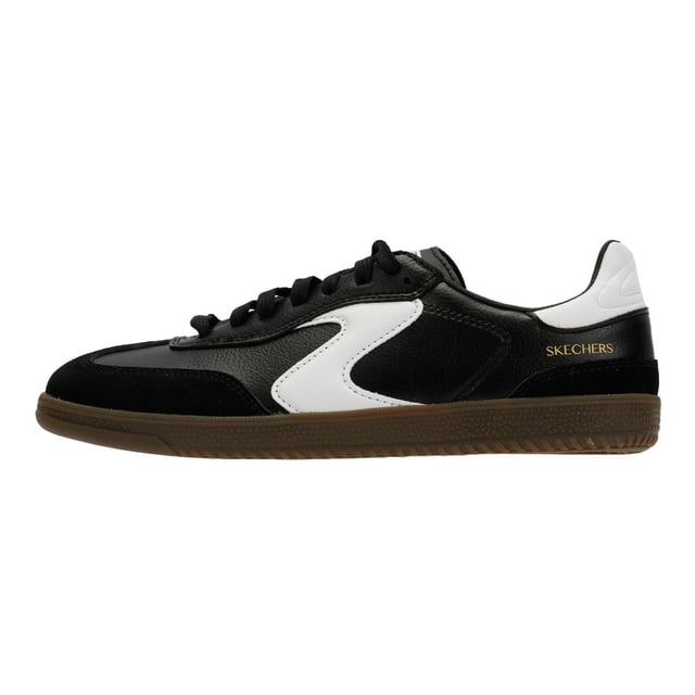 Skechers Hotshot Kickoff Damen Sneaker Aus Schwarzem Leder Heben Sie Ihren Alltagsstil mit diesen Schnür-Court-Sneakers von Skechers auf. Gefertigt mit einem strapazierfähigen Duraleather-Obermaterial und hochwertigen Schweinsleder-Overlays, verfügt dieser sportlich inspirierte Schuh über ein markantes Kontrast-'S'-Logo an der Seite. Die gepolsterte Skechers Air-Cooled Memory Foam®-Innensohle sorgt für atmungsaktiven und ganztägigen Komfort. Perfekt für Freizeitkleidung, Spaziergänge oder Streetwear-Mode.