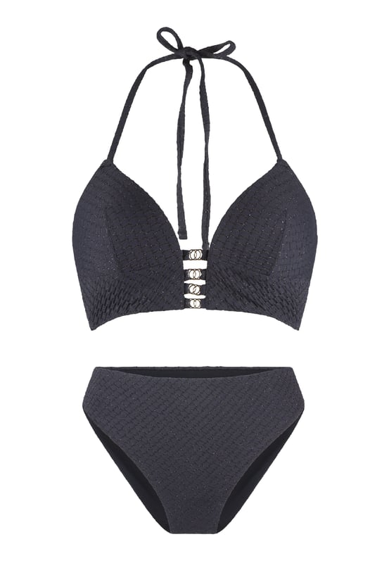 Ready to shine in de serie black of Fuchsia! Deze set bestaat uit een triangel bikini top die  is voorgevormd en heeft verstelbare touwtjes in de nek. Bij de set zit een bikini broekje! De accessoires aan de bandjes maken de look af!