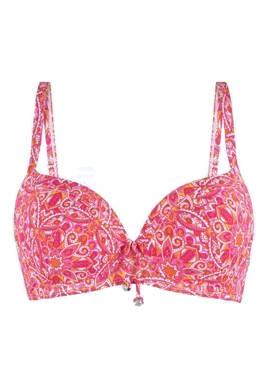 Rise & shine in dieser fantastischen Serie! Diese Modelle ziehen mit ihrem luxuriösen, strukturierten Stoff und dem goldenen Accessoire die Blicke auf sich. Der Bikini ist vorgeformt, hat verstellbare Schulterträger und Bügel. Dadurch ist dieser Bikini auch für große Größen sehr gut geeignet.