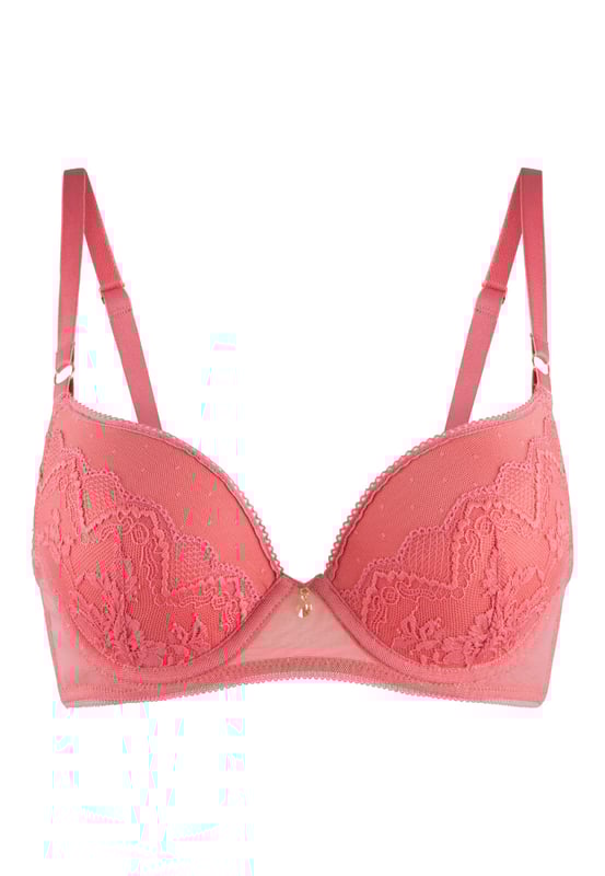 Coral Tones.... Eine wirklich frische Serie für diese Saison! Diese romantische Serie mit viel Spitze sollte in deiner Kollektion nicht fehlen. Dieser Gel-BH mit Bügeln ist an den Cups mit trendiger Spitze verarbeitet und zwischen den Cups ist ein dekoratives Schleifendetail mit Goldanhänger angebracht.