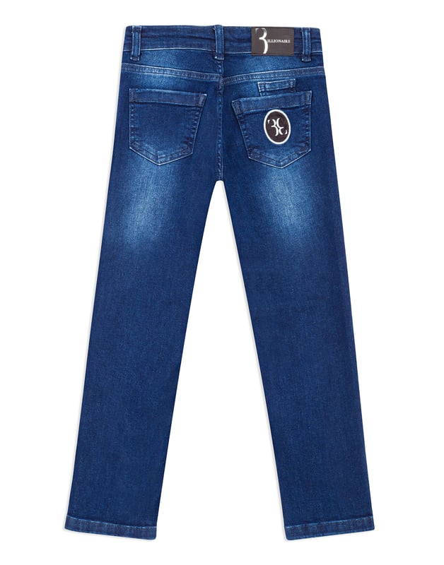 Los clásicos pantalones vaqueros desgastados con 5 bolsillos, son una prenda esencial en el guardarropa de un niño. Este modelo incluye botón de metal. El bolsillo derecho trasero está decorado con un parche de ante con el logotipo de Maison bordado en tela plumeti. Ajuste: Regular