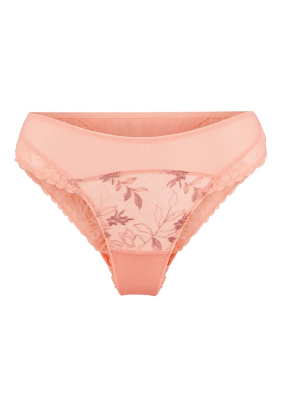 Coral Tones.... Een echte frisse serie voor dit seizoen! Deze romantische serie met veel kant mag niet ontbreken in je collectie. De string is semi-transparant aan de voor- en achterzijde en is afgewerkt met een strikje met gouden detail aan de achterzijde.