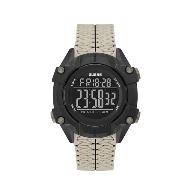 Type mechanisme: QUARTZ
  Display: DIGITAAL
  Materiaal van de kast: HARS
  Kleur van de kast: ZWART
  Materiaal van de armband: SILICONE
  Kleur van de armband: BEIGE
  Kleur wijzerplaat: ZWART
  Glastype: MINERAAL
  Klep: GESP
  Waterbestendigheid: 10ATM
  Diameter wijzerplaat: 47 MM
  Speciale functies: REX
  ALARM
  CALENDAR
  CHRONOGRAPH