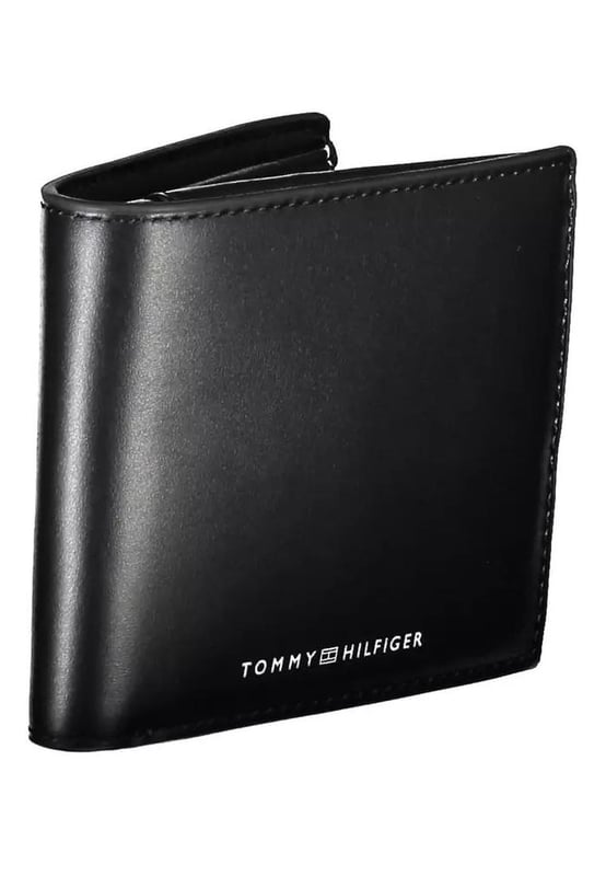 Product: Black Leather Wallet
  Brand: Tommy Hilfiger
  Material: 100% Leather
  Color: Black
  Features: Dual compartments practical coin purse ample space for cards
  Iconic logo with contrasting details
  Country of Origin: CN
  Gender: Men