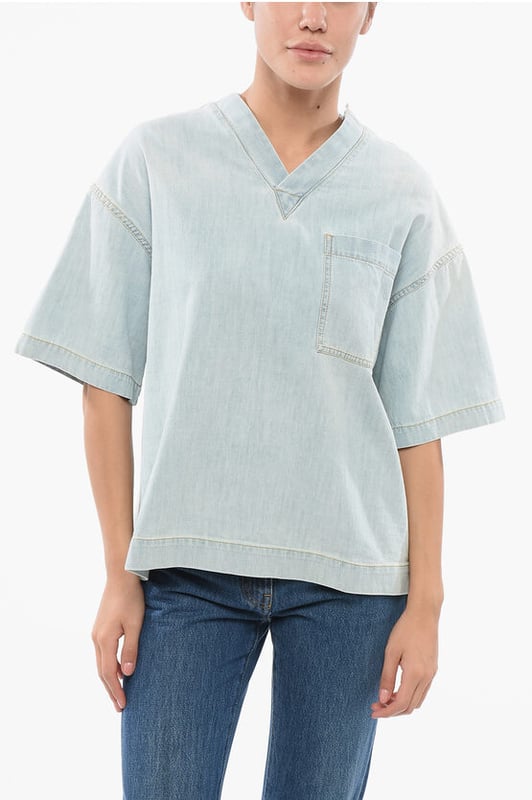 Primavera-Verano, Cuello en V, Hecho en Italia, Azul claro, Bolsillo en el pecho, Algodón vaquero, Mangas cortas, P629254