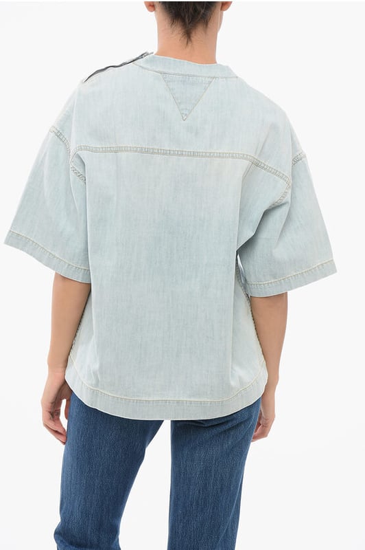 Primavera-Verano, Cuello en V, Hecho en Italia, Azul claro, Bolsillo en el pecho, Algodón vaquero, Mangas cortas, P629254