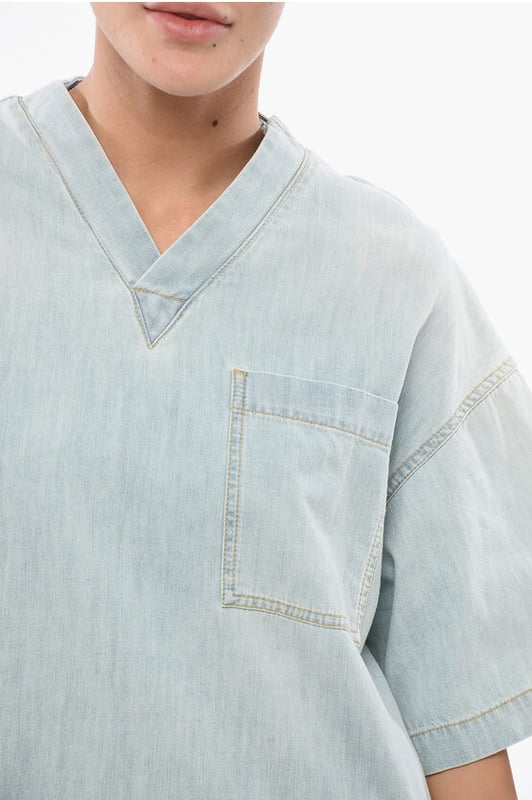 Primavera-Verano, Cuello en V, Hecho en Italia, Azul claro, Bolsillo en el pecho, Algodón vaquero, Mangas cortas, P629254