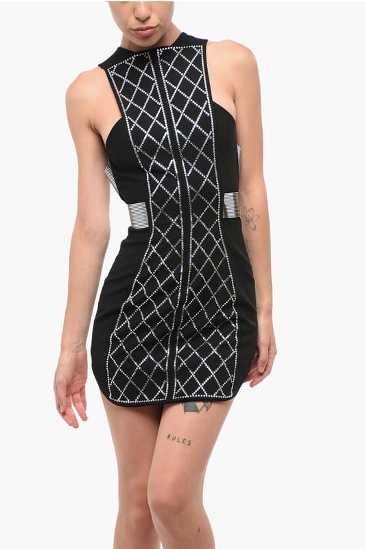 Otoño-Invierno, Negro, Sin mangas, Estrás, Cierre de cremallera, Forrado, Hecho en Italia, Minifalda, Tendencia, Elástico, Encanto francés, P692589