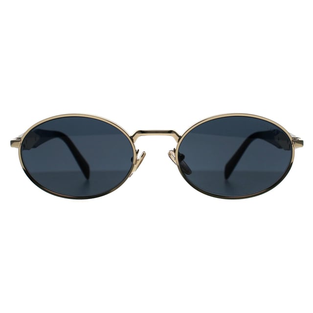 Prada Oval Womens Pale Gold Dark Grey PR65ZS  Sunglasses reveal a sleek, full-rim metal frame meticulously crafted for understated luxury, featuring a subtly rounded shape that exudes effortless refinement while ensuring lightweight comfort.