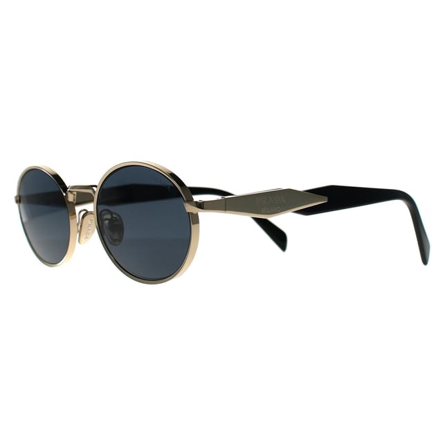 Prada Oval Womens Pale Gold Dark Grey PR65ZS  Sunglasses reveal a sleek, full-rim metal frame meticulously crafted for understated luxury, featuring a subtly rounded shape that exudes effortless refinement while ensuring lightweight comfort.