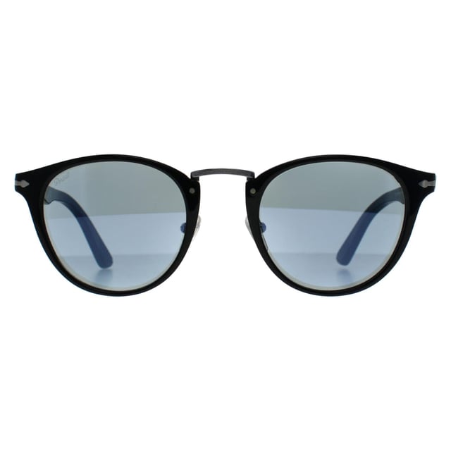 Persol Round Mens Black Light Blue PO3108S  Sunglasses takes its inspiration from that ultimate retro throwback, the typewriter. Rivets represent keys, Typewriter edition is stamped in the interior with classic American Typewriter font, and an impression of the lines of the type bars are subtly carved on the temple tips interiors. The style is completely retro with the round shape and classic metal bridge for a truly unique look.