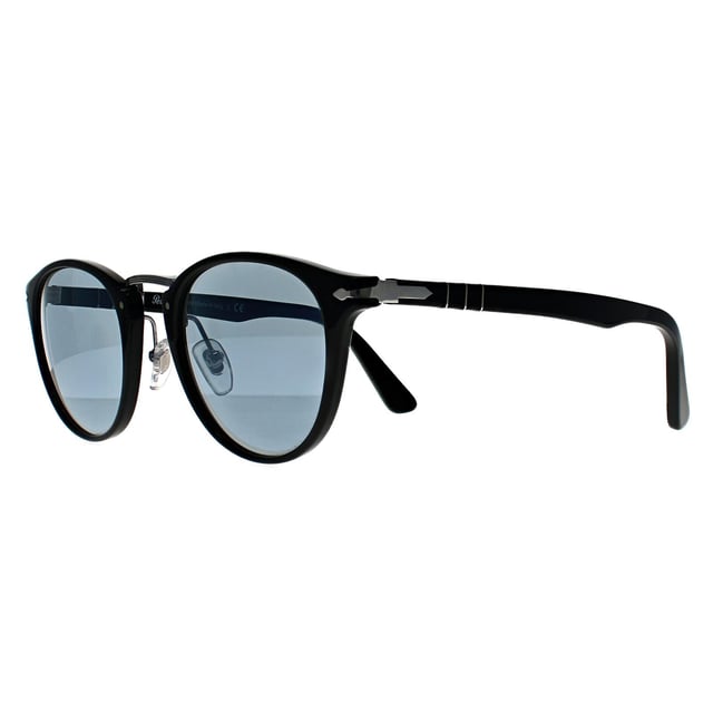 Persol Round Mens Black Light Blue PO3108S  Sunglasses takes its inspiration from that ultimate retro throwback, the typewriter. Rivets represent keys, Typewriter edition is stamped in the interior with classic American Typewriter font, and an impression of the lines of the type bars are subtly carved on the temple tips interiors. The style is completely retro with the round shape and classic metal bridge for a truly unique look.