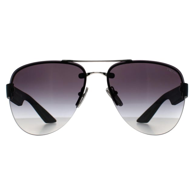 Prada Sport Aviator Mens Silver Grey Gradient PS55YS  Sunglasses combine a sleek, modern design with luxury craftsmanship. Featuring a sophisticated frame, these sunglasses add an upscale touch to any outfit while ensuring your eyes are shielded from the sunâ€™s rays.
