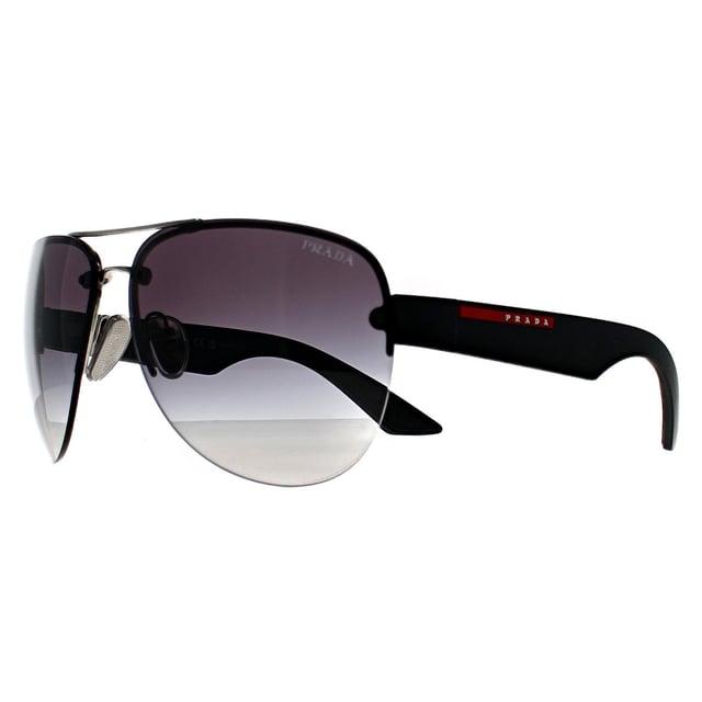 Prada Sport Aviator Mens Silver Grey Gradient PS55YS  Sunglasses combine a sleek, modern design with luxury craftsmanship. Featuring a sophisticated frame, these sunglasses add an upscale touch to any outfit while ensuring your eyes are shielded from the sunâ€™s rays.