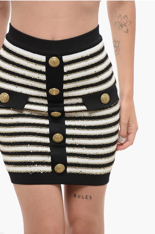 Autumn-Winter, Stripes, Sequins, Black & White, Gold, Zip closure, Applications, Pencil style, Made in Italy, FRENCH CHARM, P692667