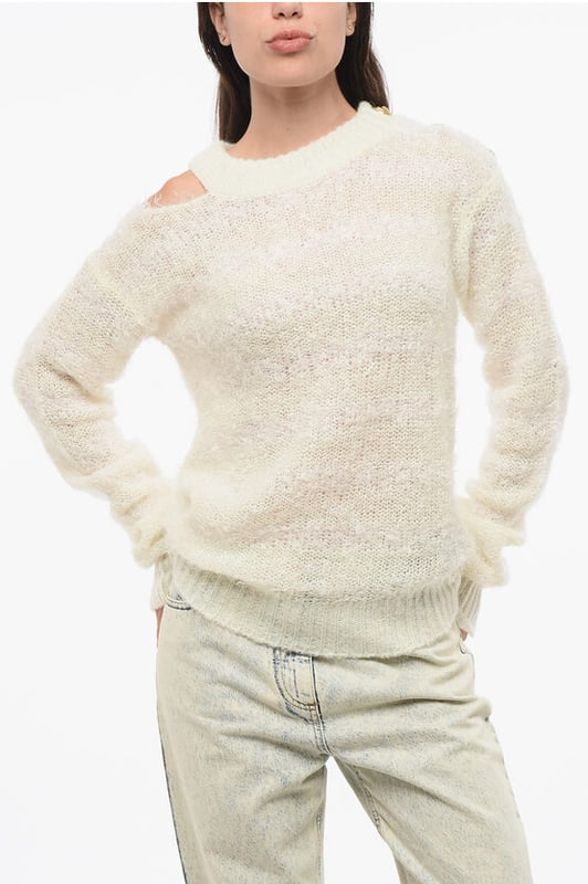 Otoño-Invierno, Blanco, Botones, Manga larga, Hecho en Italia, Punto, Escote redondo, Efecto vintage, Charm francés, P692542