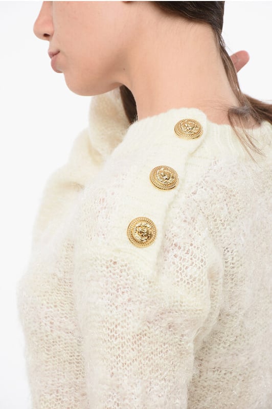 Otoño-Invierno, Blanco, Botones, Manga larga, Hecho en Italia, Punto, Escote redondo, Efecto vintage, Charm francés, P692542